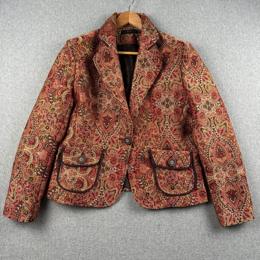 Vintage Ninety Blazer Womens 12 14-109 Red Gold Paisley Tapestry Jacket